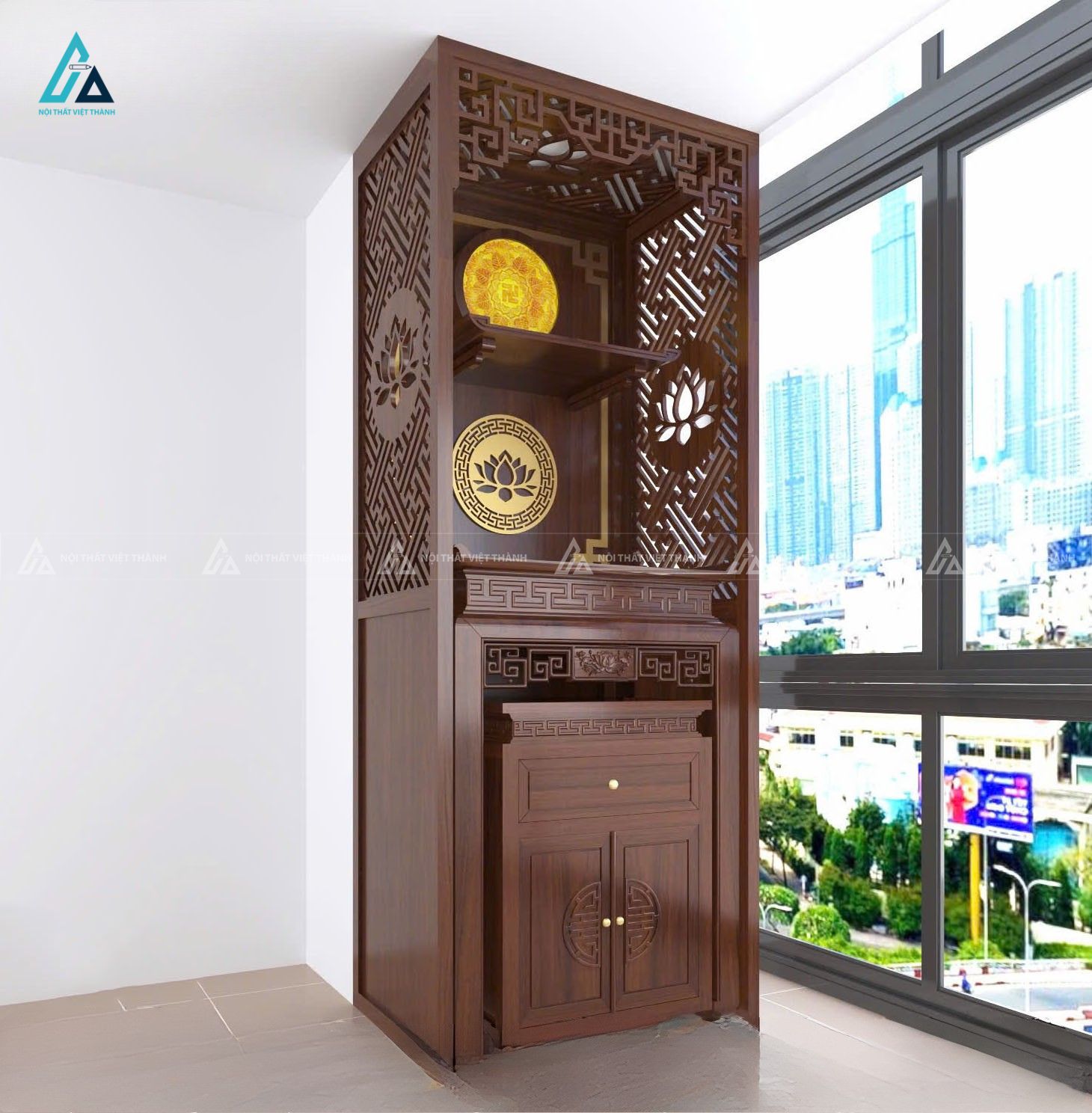 Bàn Thờ Đứng Chung Cư Hiện Đại Có Vách Ngăn Chạm Hoa Sen Tinh Xảo