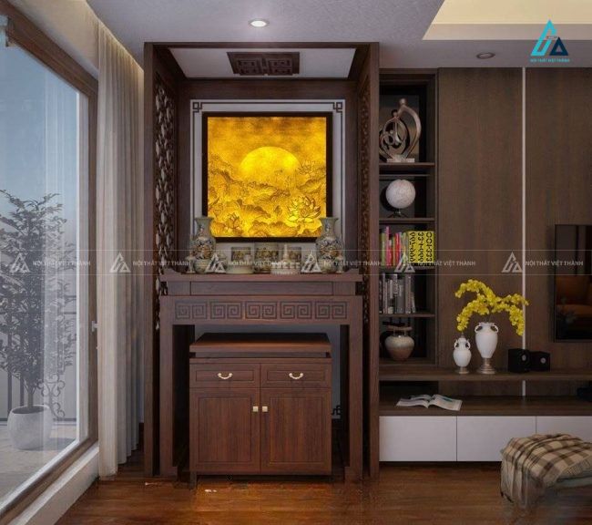 Bộ Bàn Thờ Đứng Cao Cấp Kết Hợp Tranh Trúc Chỉ Sen Mặt Trời