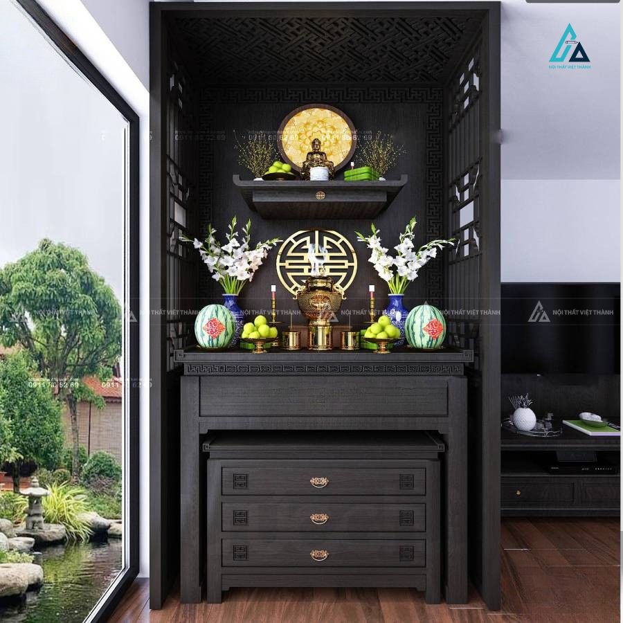 Bộ Bàn Thờ Đứng Nhị Cấp Thờ Phật Và Gia Tiên Kết Hợp Tủ Ngăn Kéo