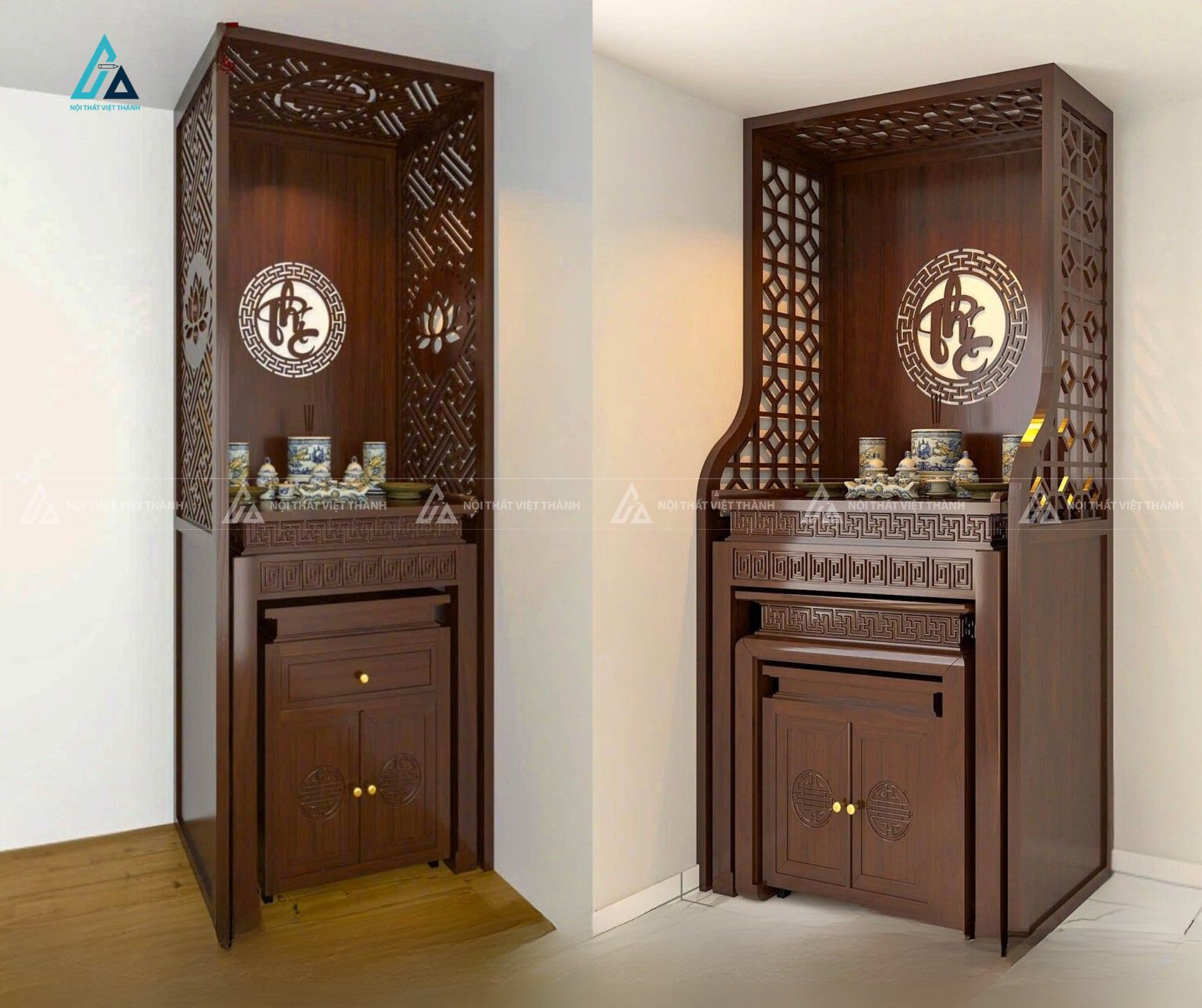Bàn Thờ Đứng Chung Cư Hiện Đại Có Vách Ngăn Chạm Hoa Sen Tinh Xảo 1