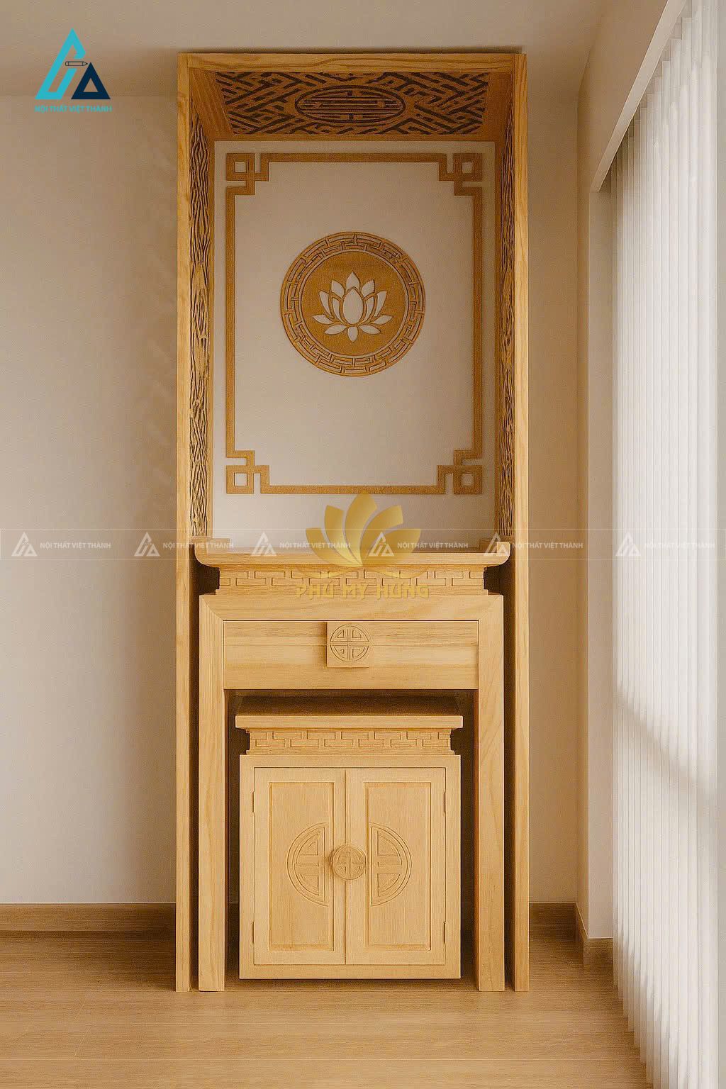 Mẫu Bàn Thờ Đứng Chung Cư Có Vách Ngăn Hoa Sen Trang Nghiêm