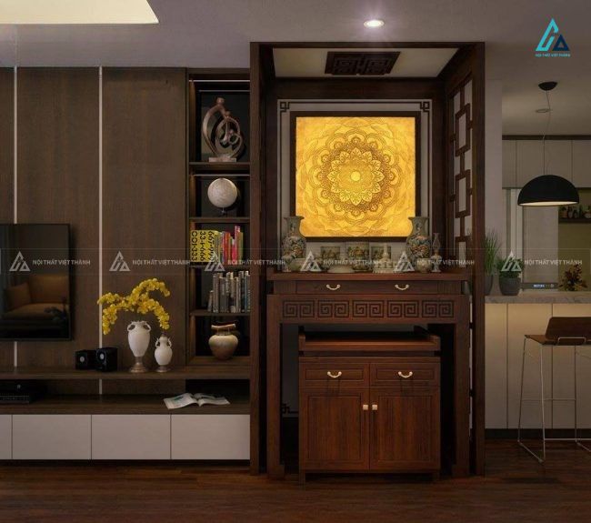 Bộ Bàn Thờ Đứng Cao Cấp Kết Hợp Tranh Trúc Chỉ Sen Mặt Trời 1