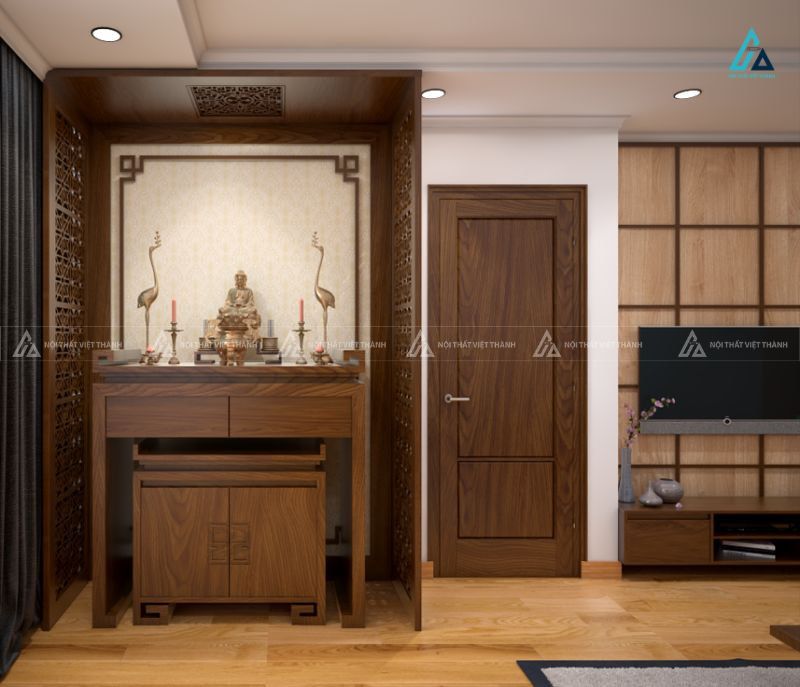 Mẫu Bàn Thờ Đứng Hiện Đại Thiết Kế Nhị Cấp Kết Hợp Vách Ngăn Sang Trọng