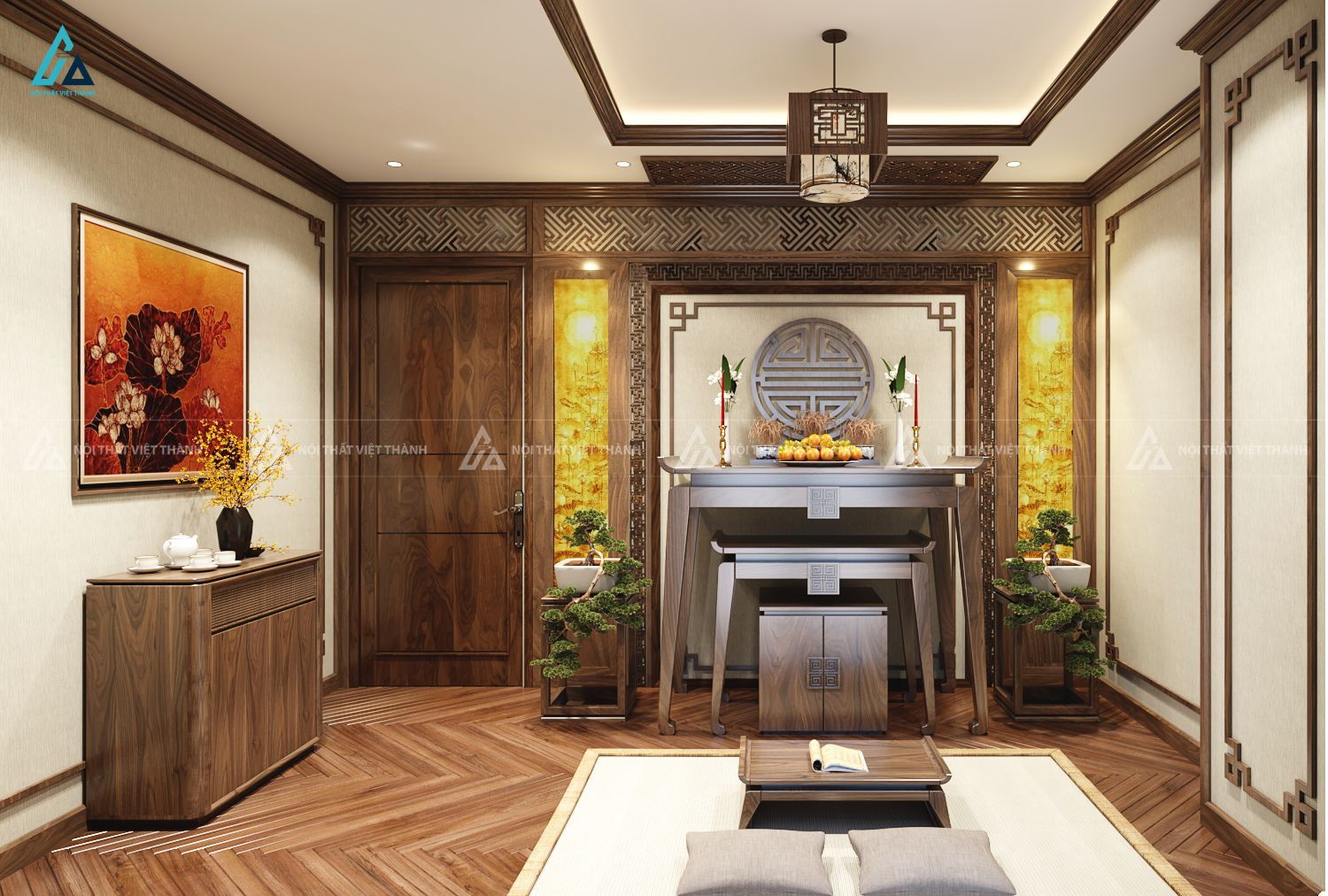 Mẫu Bàn Thờ Đứng Gỗ Óc Chó Chạm Chữ Thọ Thiết Kế Tam Cấp Sang Trọng