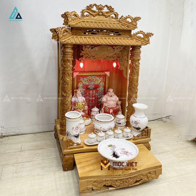 Bàn Thờ Thần Tài Mái Chùa Gỗ Tự Nhiên Chạm Khắc Rồng Phượng 1