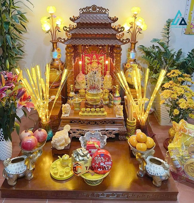 Bàn Thờ Thần Tài Mái Chùa Gỗ Tự Nhiên Chạm Khắc Rồng Uy Nghiêm