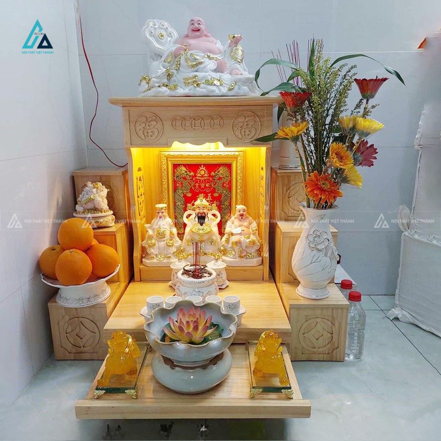 Bàn Thờ Thần Tài Mái Bằng Gỗ Tự Nhiên Có Đèn Led Hiện Đại 1