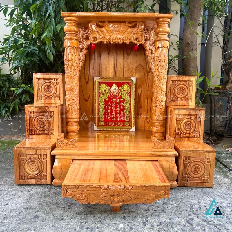 Bàn Thờ Thần Tài Cột Rồng Chạm Khắc Tinh Xảo Có Ngăn Kéo Rộng