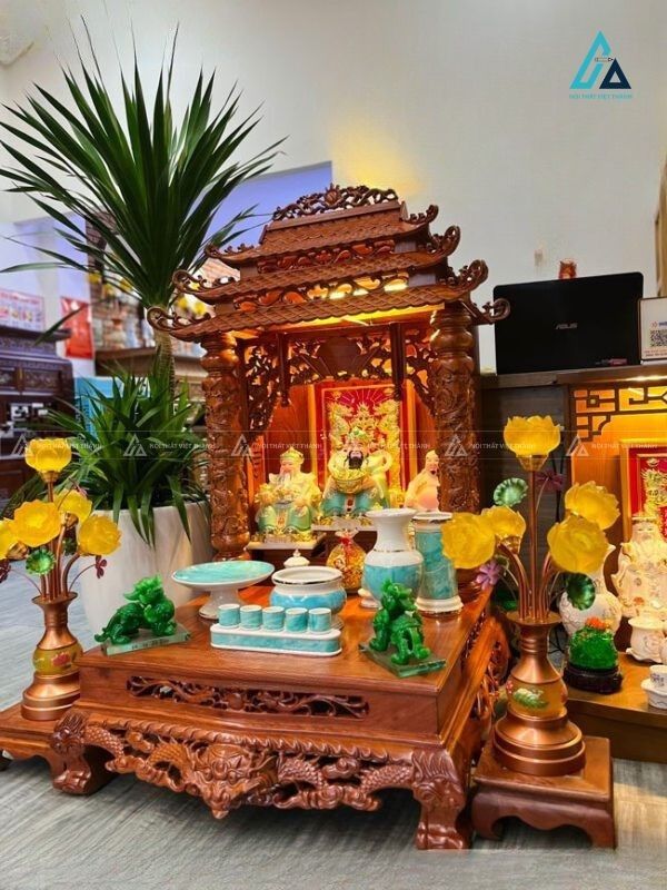 Bàn Thờ Thần Tài Mái Chùa Ba Tầng Cột Rồng Chạm Thủ Công