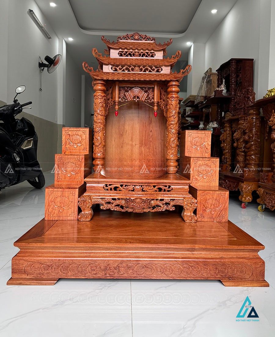 Bàn Thờ Thần Tài 3 Mái Gỗ Hương Chạm Rồng Bề Thế Sang Trọng