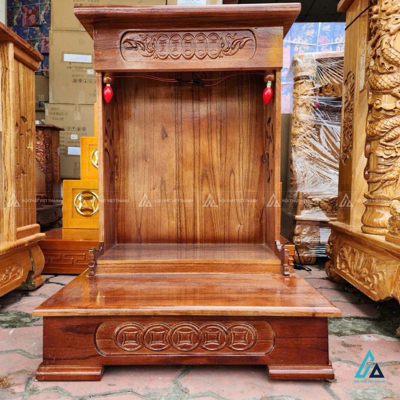 Bàn Thờ Thần Tài Gỗ Tự Nhiên Chạm Đồng Tiền Tài Lộc