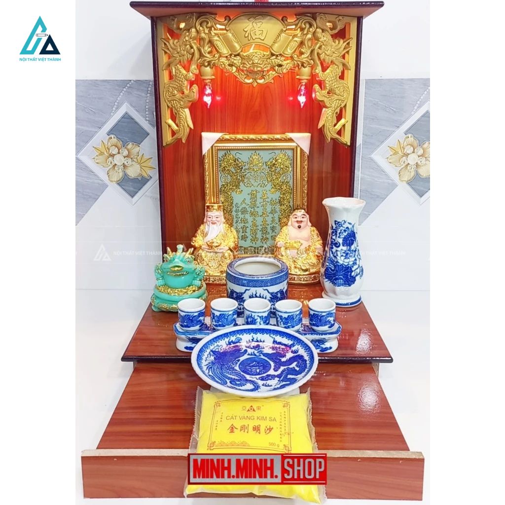 Bàn Thờ Thần Tài Mái Bằng Chạm Rồng Nổi Tích Hợp Ngăn Kéo
