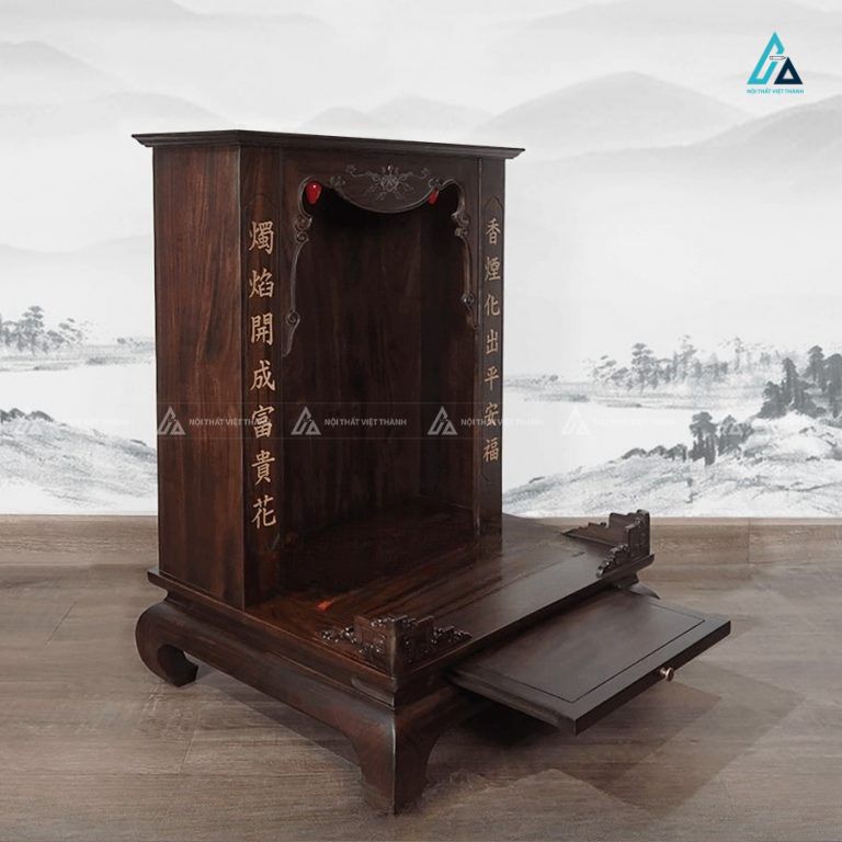 Bàn Thờ Thần Tài Khắc Câu Đối Tài Lộc Và Mâm Cúng Trượt 1