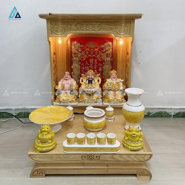 Bàn Thờ Thần Tài Mái Bằng Gỗ Tự Nhiên Có Đèn Led Hiện Đại