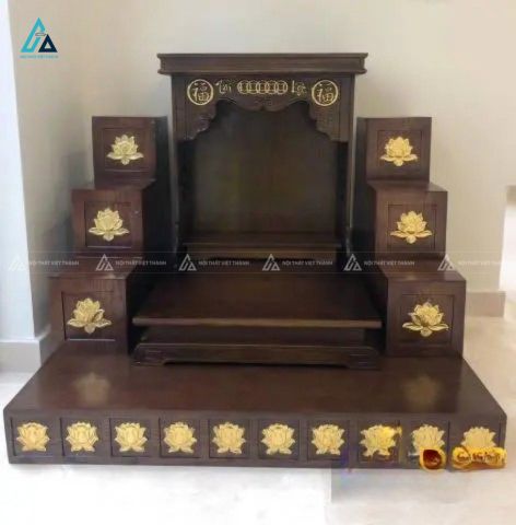 Bàn Thờ Thần Tài Ông Địa Tam Cấp Chạm Khắc Hoa Sen Vàng Cao Cấp