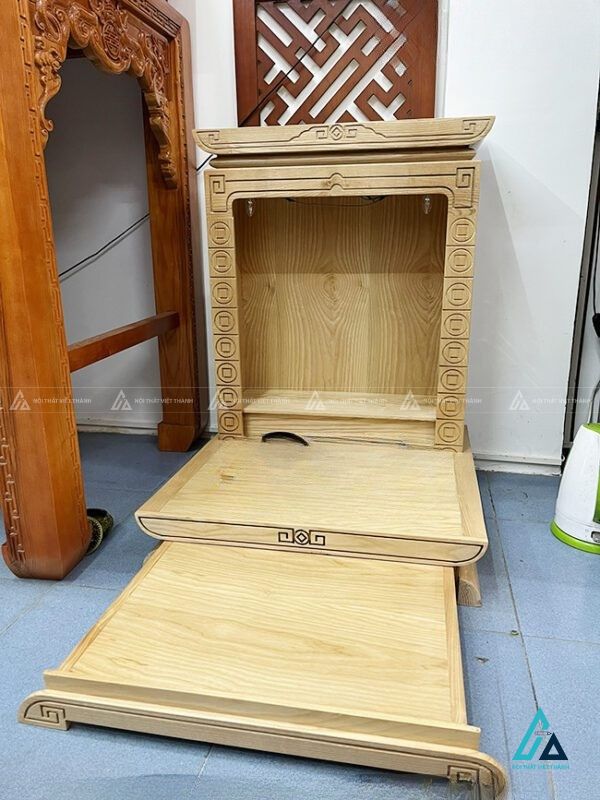 Bàn Thờ Thần Tài Mái Bằng Gỗ Tự Nhiên Chạm Khắc Đồng Tiền 2