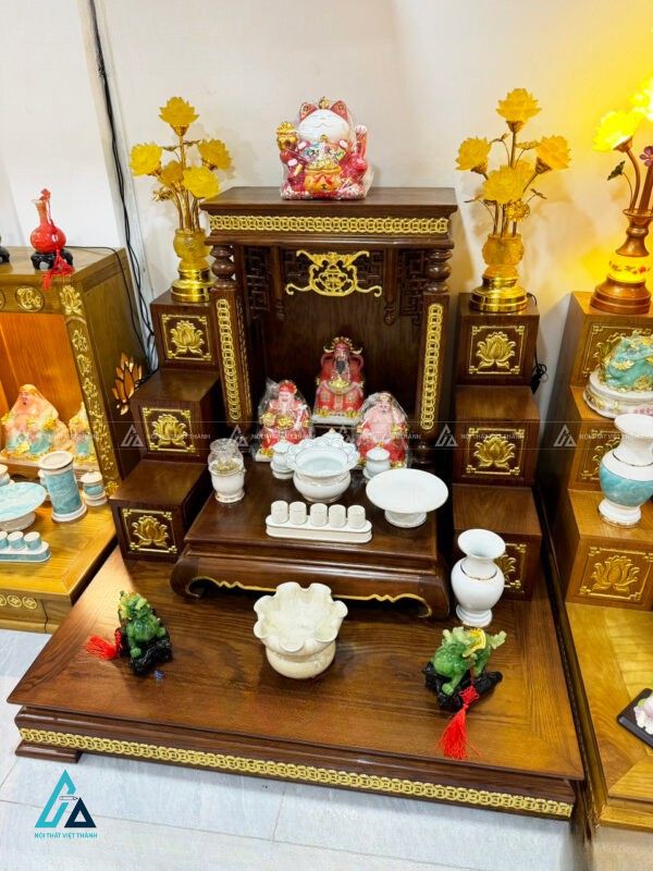 Bàn Thờ Thần Tài Gỗ Sồi Dát Vàng Chạm Khắc Đồng Tiền Tài Lộc 2