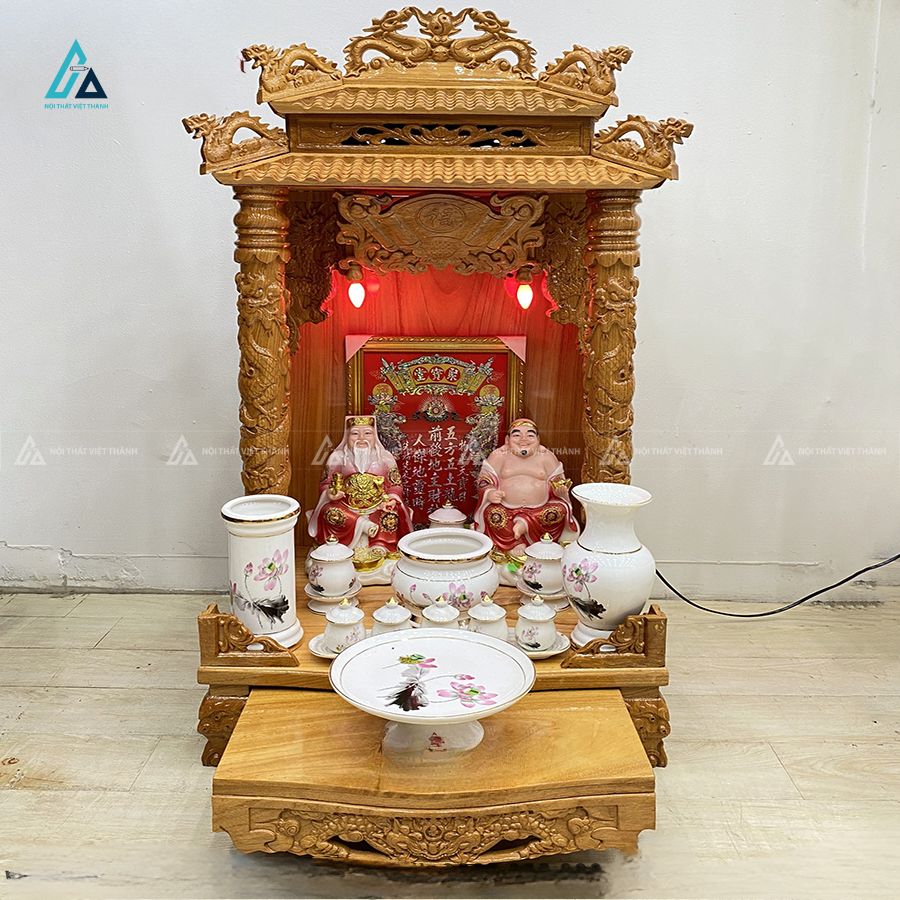 Bàn Thờ Thần Tài Mái Chùa Gỗ Tự Nhiên Chạm Khắc Rồng Phượng