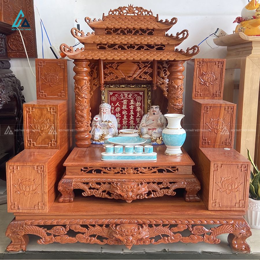 Bàn Thờ Thần Tài Mái Chùa Ba Tầng Cột Rồng Cuốn Uy Nghiêm