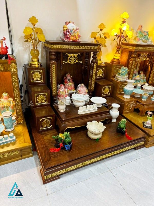 Bàn Thờ Thần Tài Gỗ Sồi Dát Vàng Chạm Khắc Đồng Tiền Tài Lộc