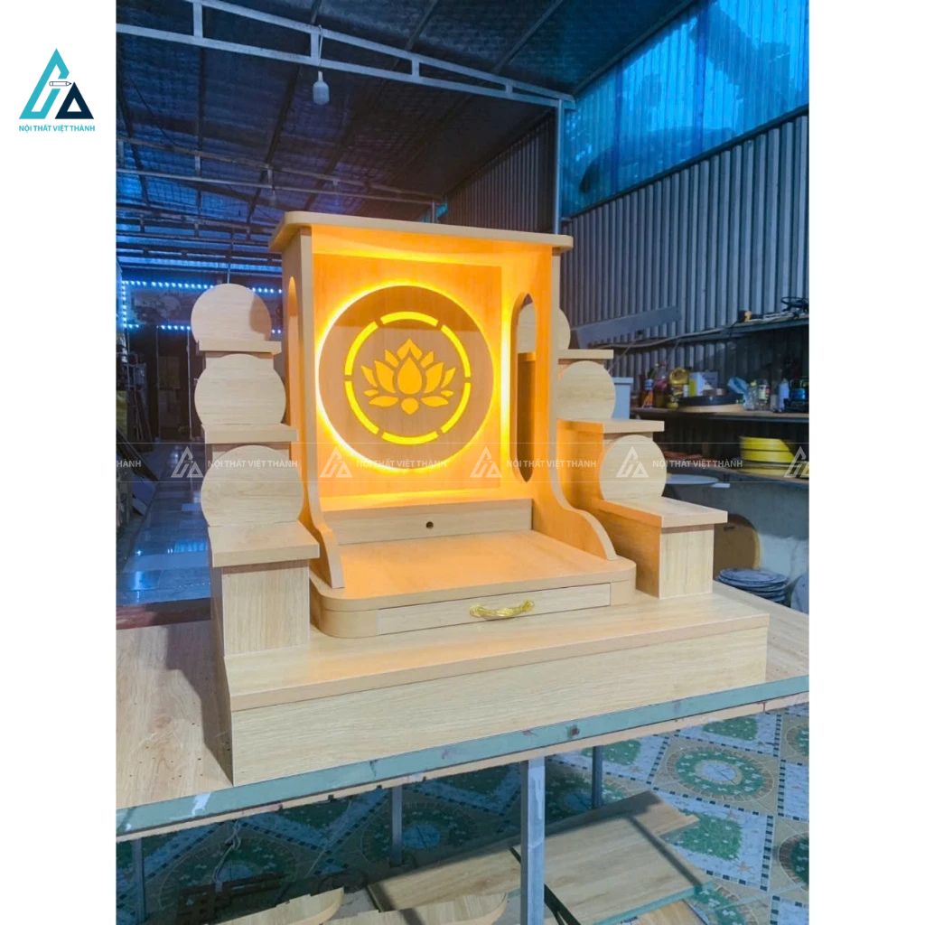 Bàn Thờ Thần Tài Mái Bằng Hiện Đại Có Đèn Led Hoa Sen 3