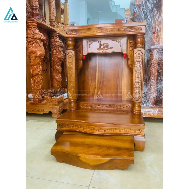 Bàn Thờ Thần Tài Cột Tròn Chạm Chữ Lộc Và Ngăn Kéo Rộng