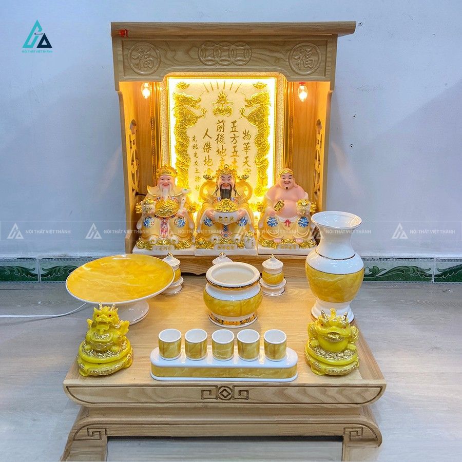 Bàn Thờ Thần Tài Mái Bằng Gỗ Tự Nhiên Có Đèn Led Hiện Đại 2