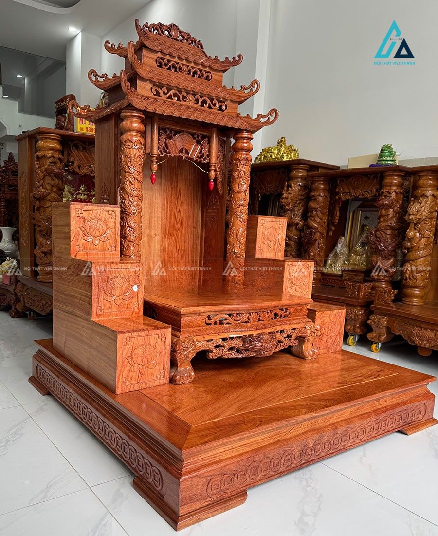 Bàn Thờ Thần Tài 3 Mái Gỗ Hương Chạm Rồng Bề Thế Sang Trọng 2