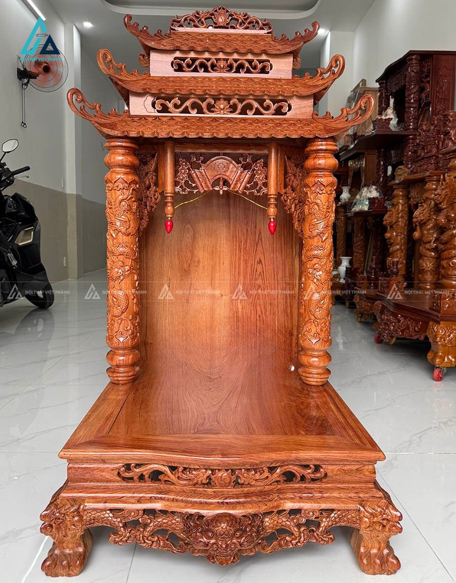 Bàn Thờ Thần Tài 3 Mái Gỗ Hương Chạm Rồng Bề Thế Sang Trọng 3