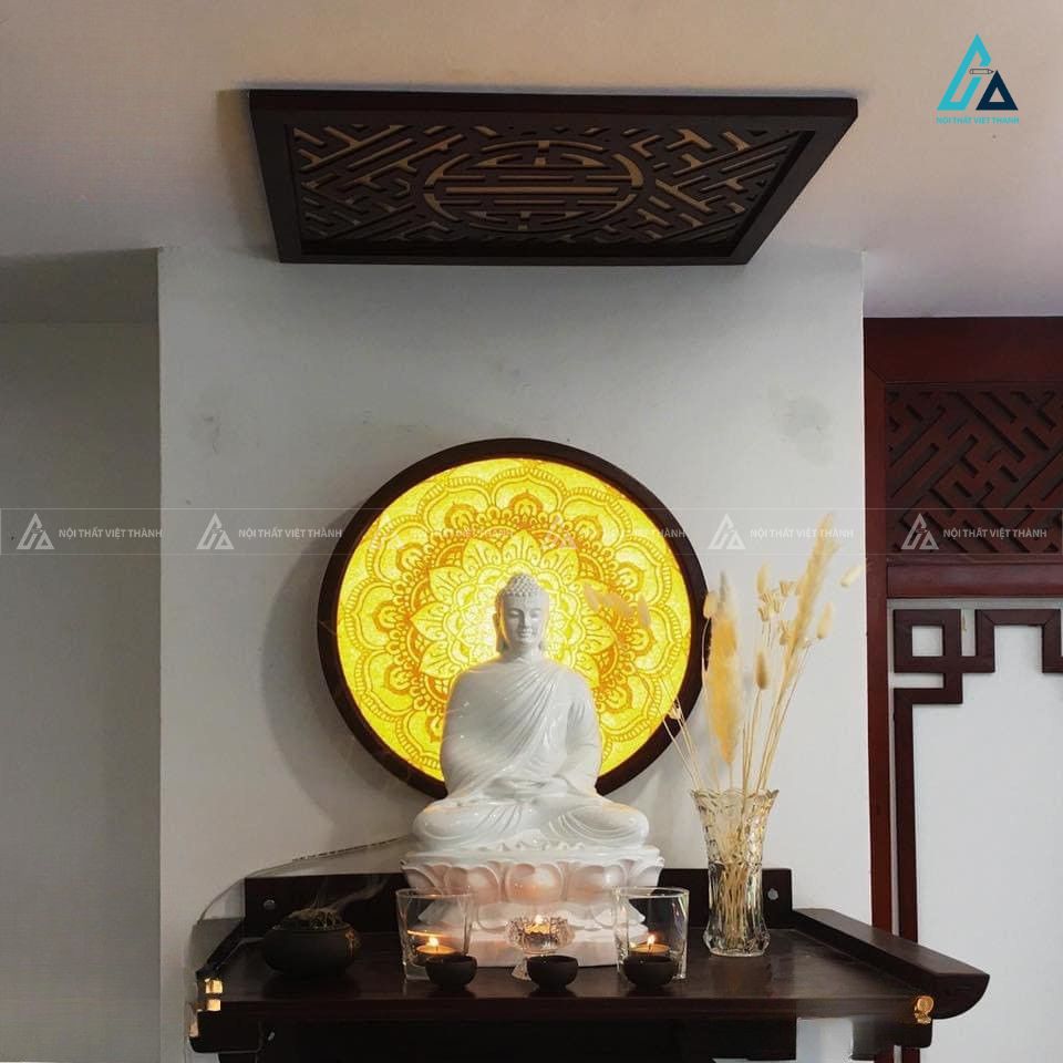 Bàn Thờ Treo Tường Hiện Đại Kết Hợp Tranh Trúc Chỉ Sen Tỏa Hào Quang