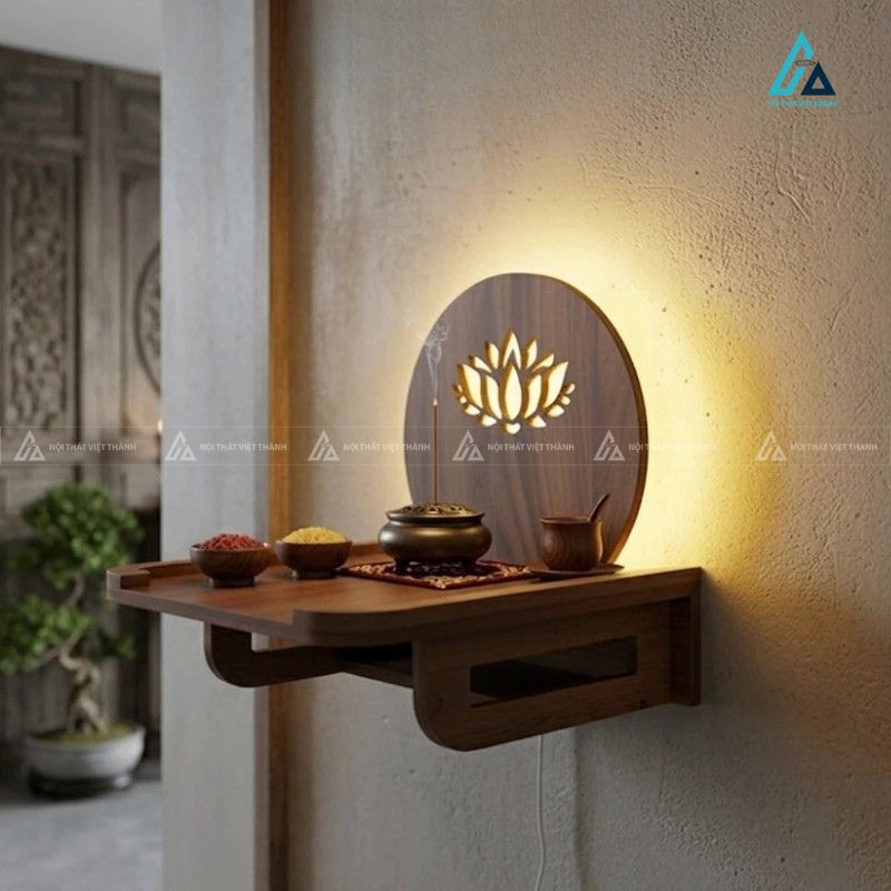 Bàn Thờ Treo Tường Tích Hợp Đèn Led Tranh Gỗ Hoa Sen 1