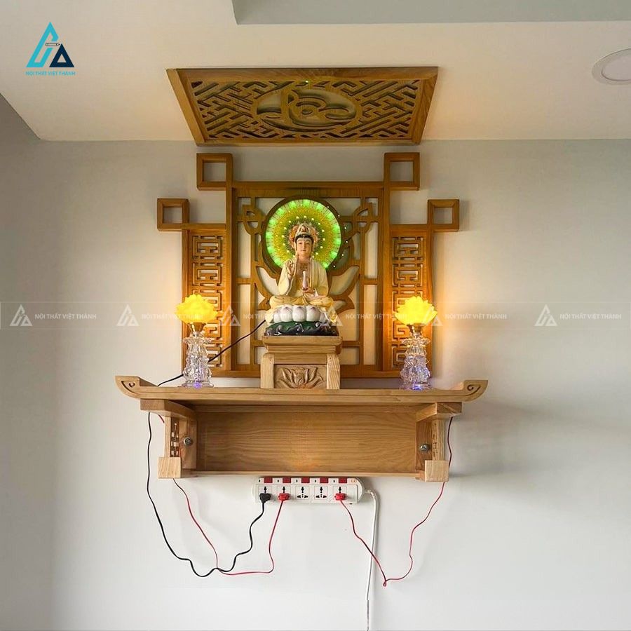 Bàn Thờ Phật Treo Tường Hiện Đại Đi Kèm Vách Ốp Hậu Hoa Sen Cao Cấp