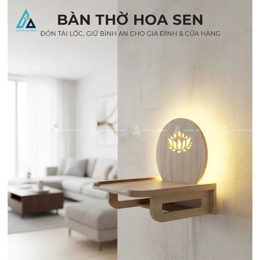 Bàn Thờ Treo Tường Tích Hợp Đèn Led Tranh Gỗ Hoa Sen 2