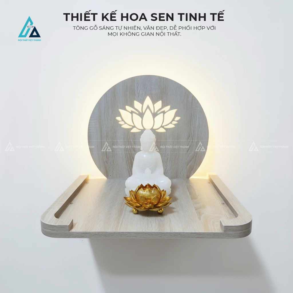 Bàn Thờ Treo Tường Tích Hợp Đèn Led Tranh Gỗ Hoa Sen 3