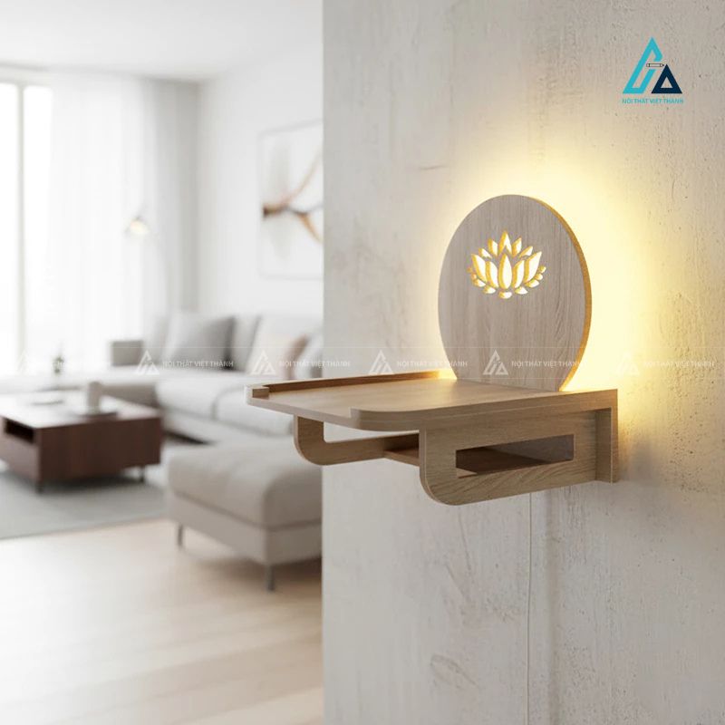 Bàn Thờ Treo Tường Tích Hợp Đèn Led Tranh Gỗ Hoa Sen 4