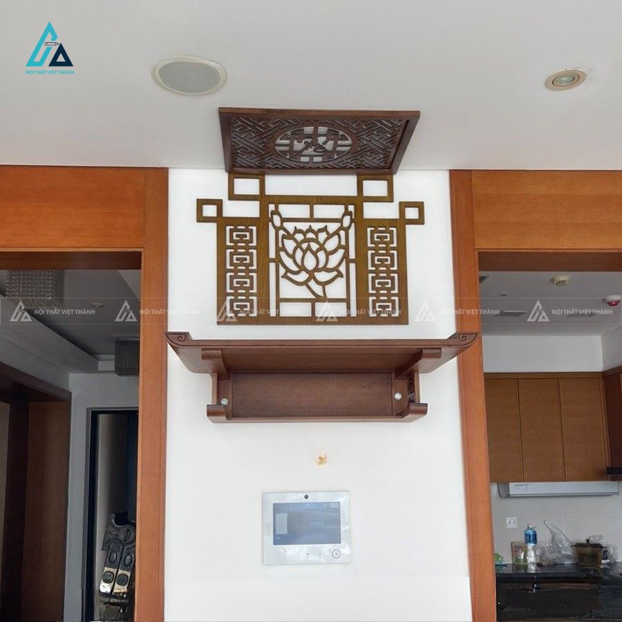 Bàn Thờ Phật Treo Tường Hiện Đại Đi Kèm Vách Ốp Hậu Hoa Sen Cao Cấp 4