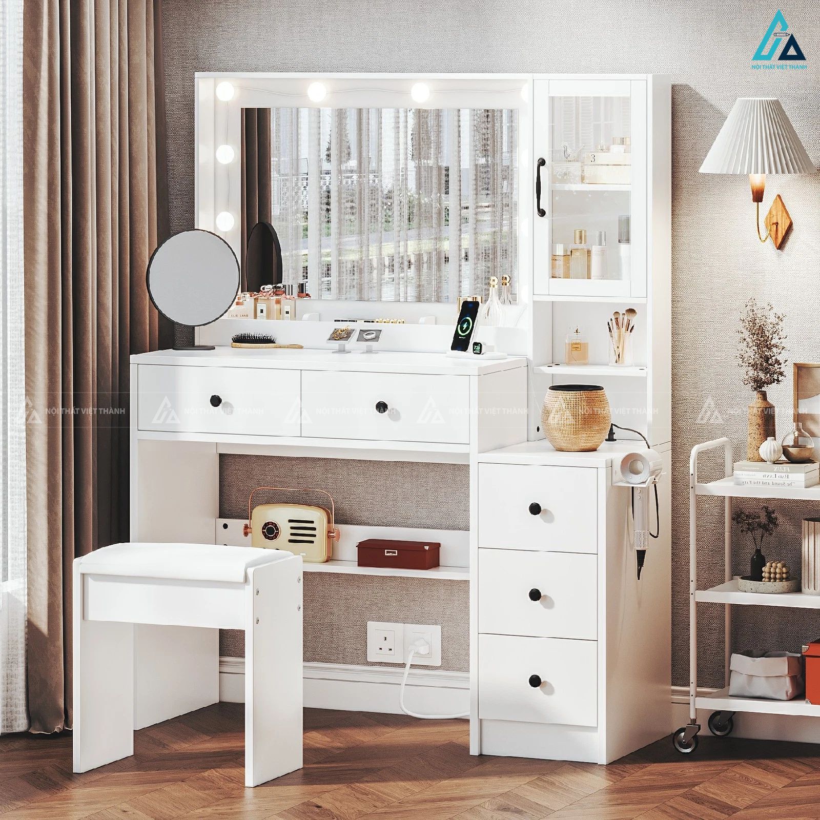 Bộ bàn trang điểm thông minh có gương đèn led và tủ lưu trữ