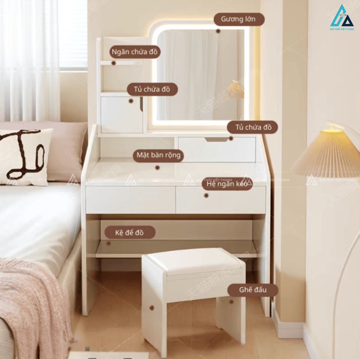 Bàn trang điểm hiện đại tích hợp kệ để đồ và gương đèn led thông minh 1