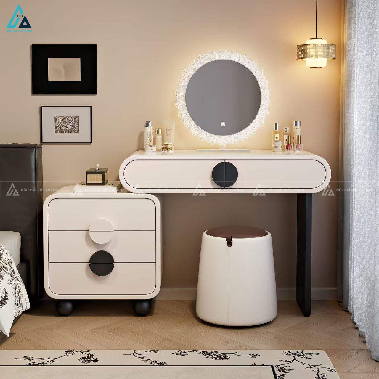 Bàn trang điểm hiện đại thiết kế bo tròn độc đáo kèm gương led