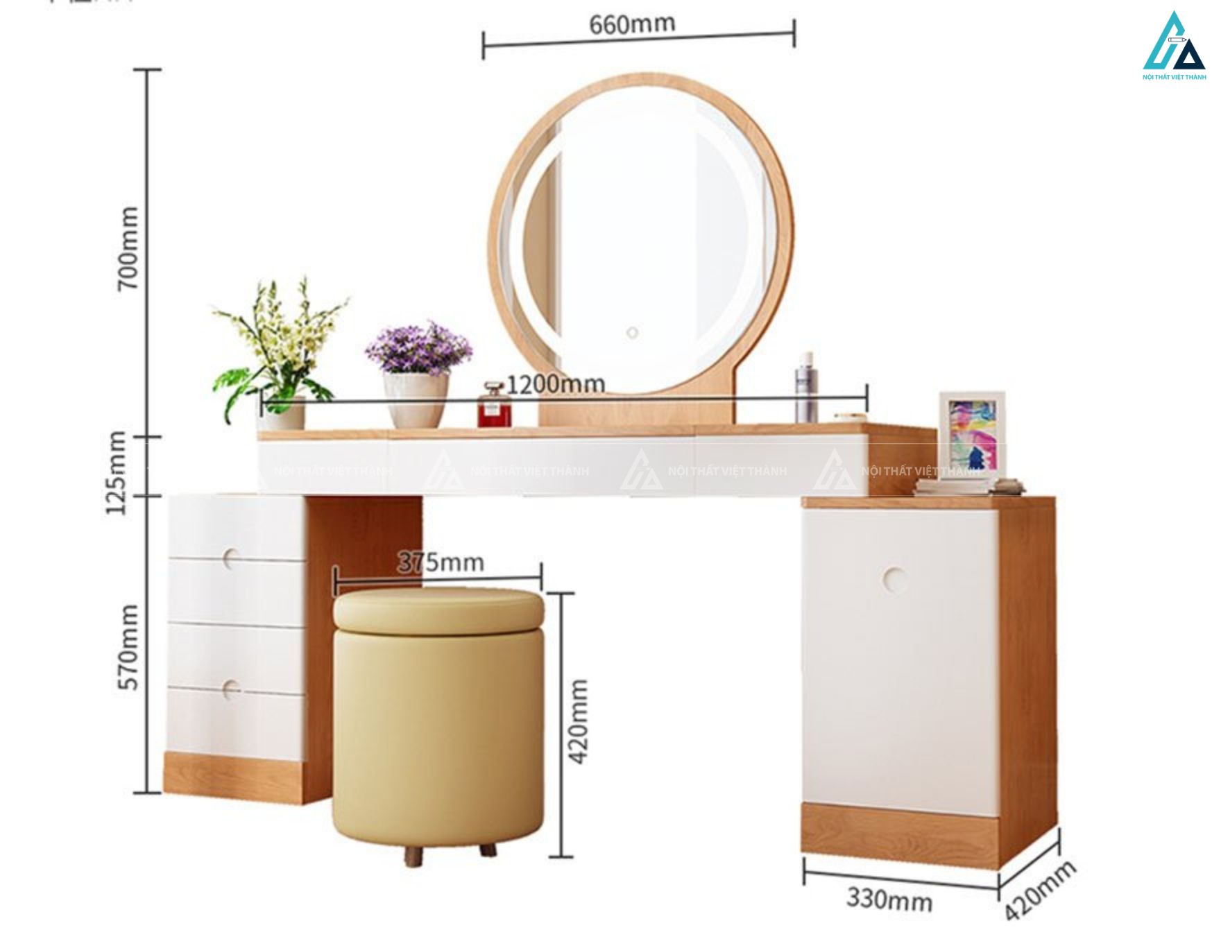 Bàn trang điểm hiện đại kèm gương đèn led tròn và ghế đôn tiện lợi 1