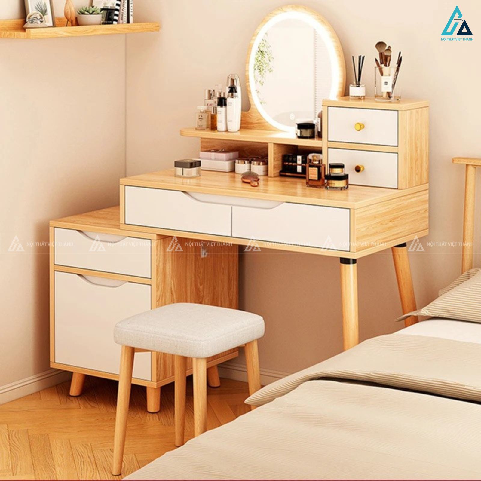 Bàn trang điểm liền tủ kệ đa năng có gương đèn led hiện đại