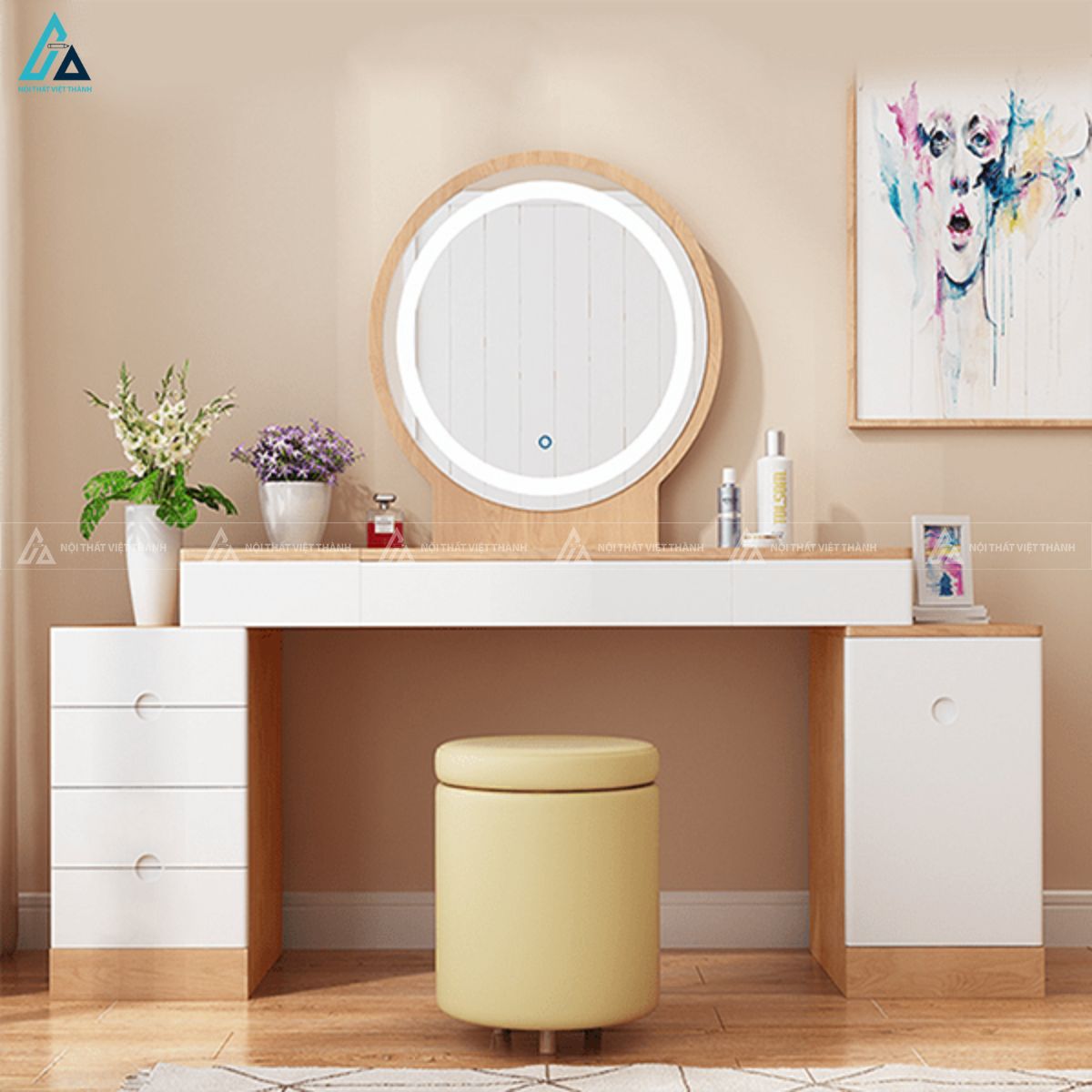 Bàn trang điểm hiện đại kèm gương đèn led tròn và ghế đôn tiện lợi
