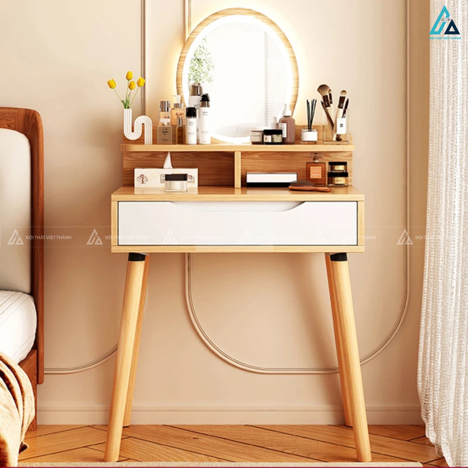 Bàn trang điểm liền tủ kệ đa năng có gương đèn led hiện đại 1