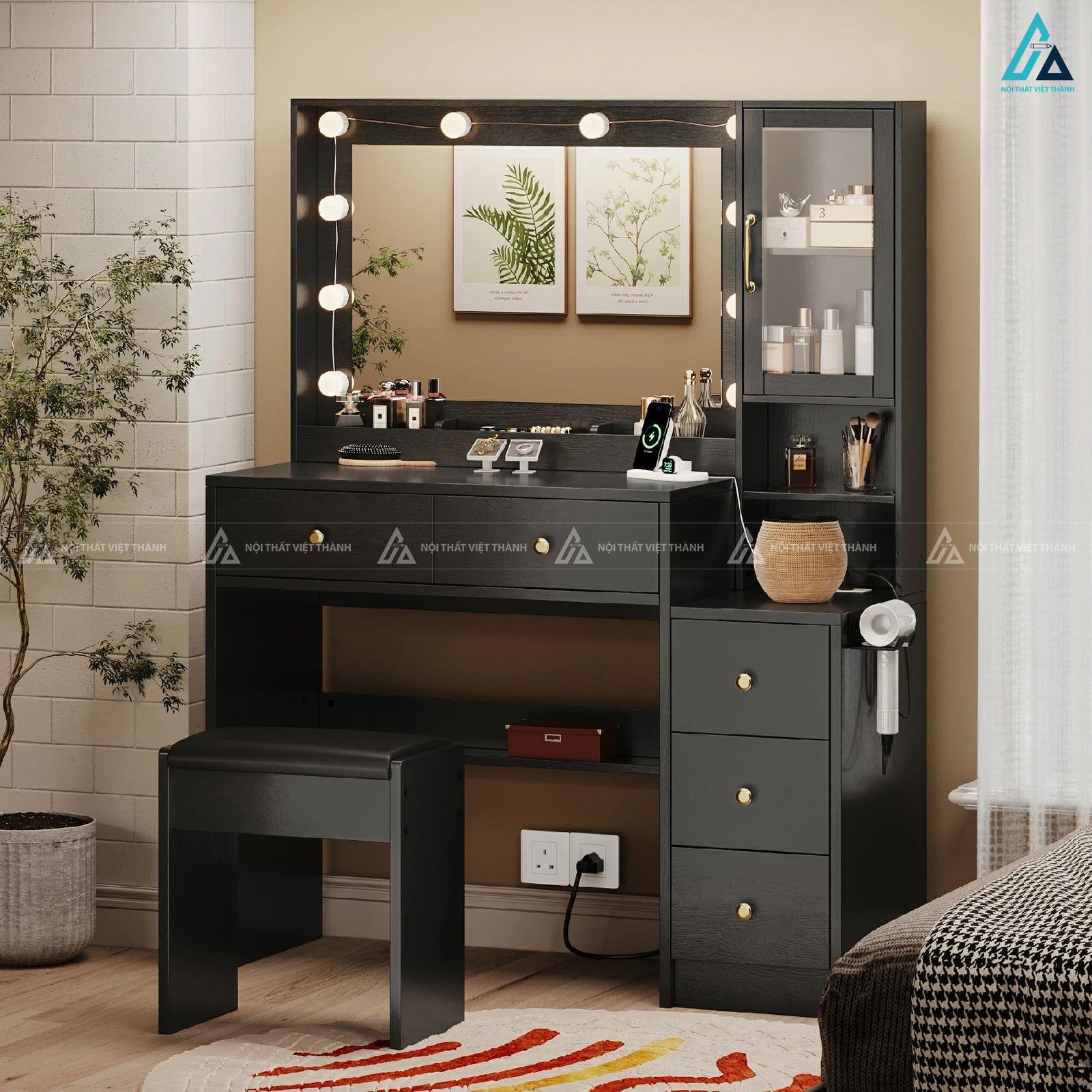 Bộ bàn trang điểm thông minh có gương đèn led và tủ lưu trữ 1