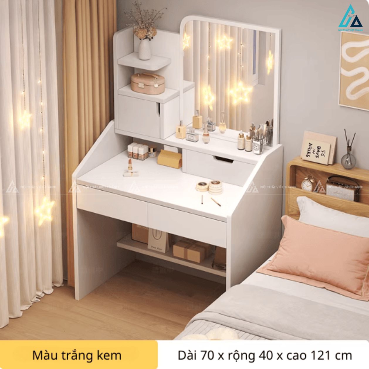 Bàn trang điểm hiện đại tích hợp kệ để đồ và gương đèn led thông minh 2