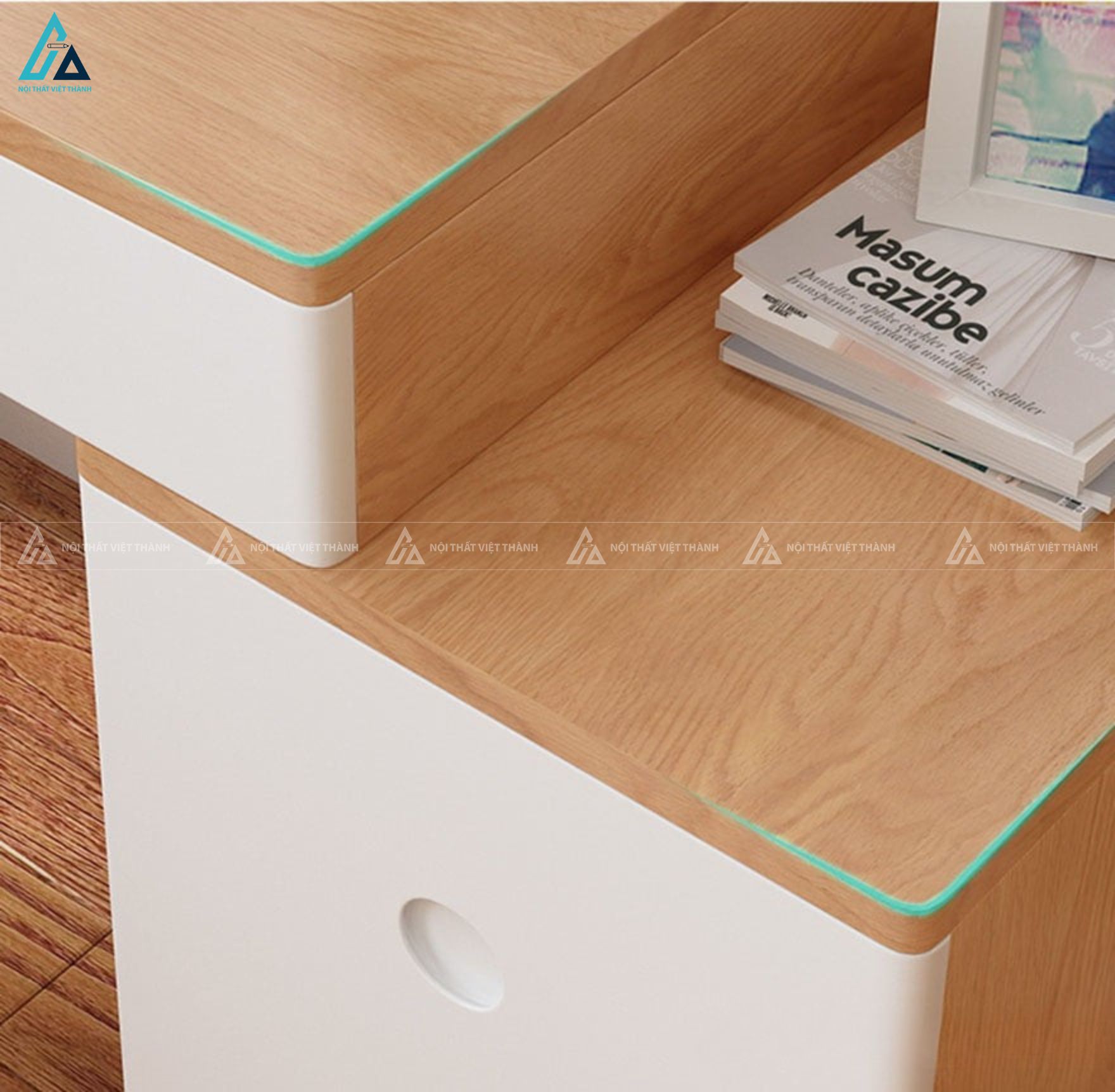 Bàn trang điểm hiện đại kèm gương đèn led tròn và ghế đôn tiện lợi 3