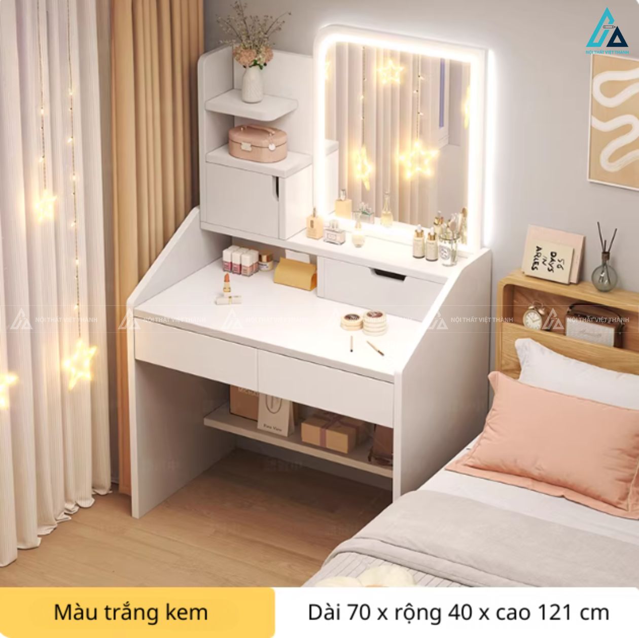 Bàn trang điểm hiện đại tích hợp kệ để đồ và gương đèn led thông minh 3