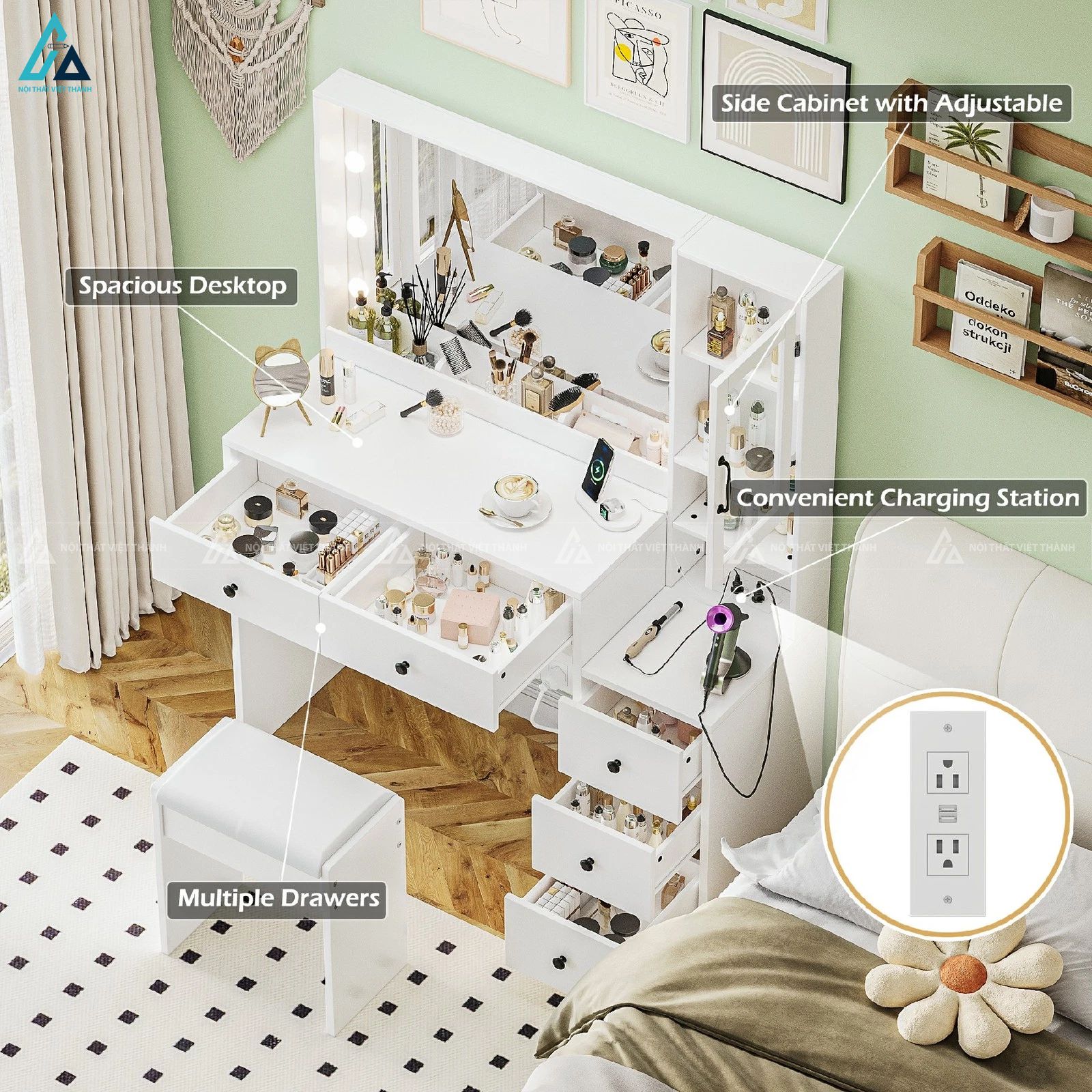 Bộ bàn trang điểm thông minh có gương đèn led và tủ lưu trữ 2