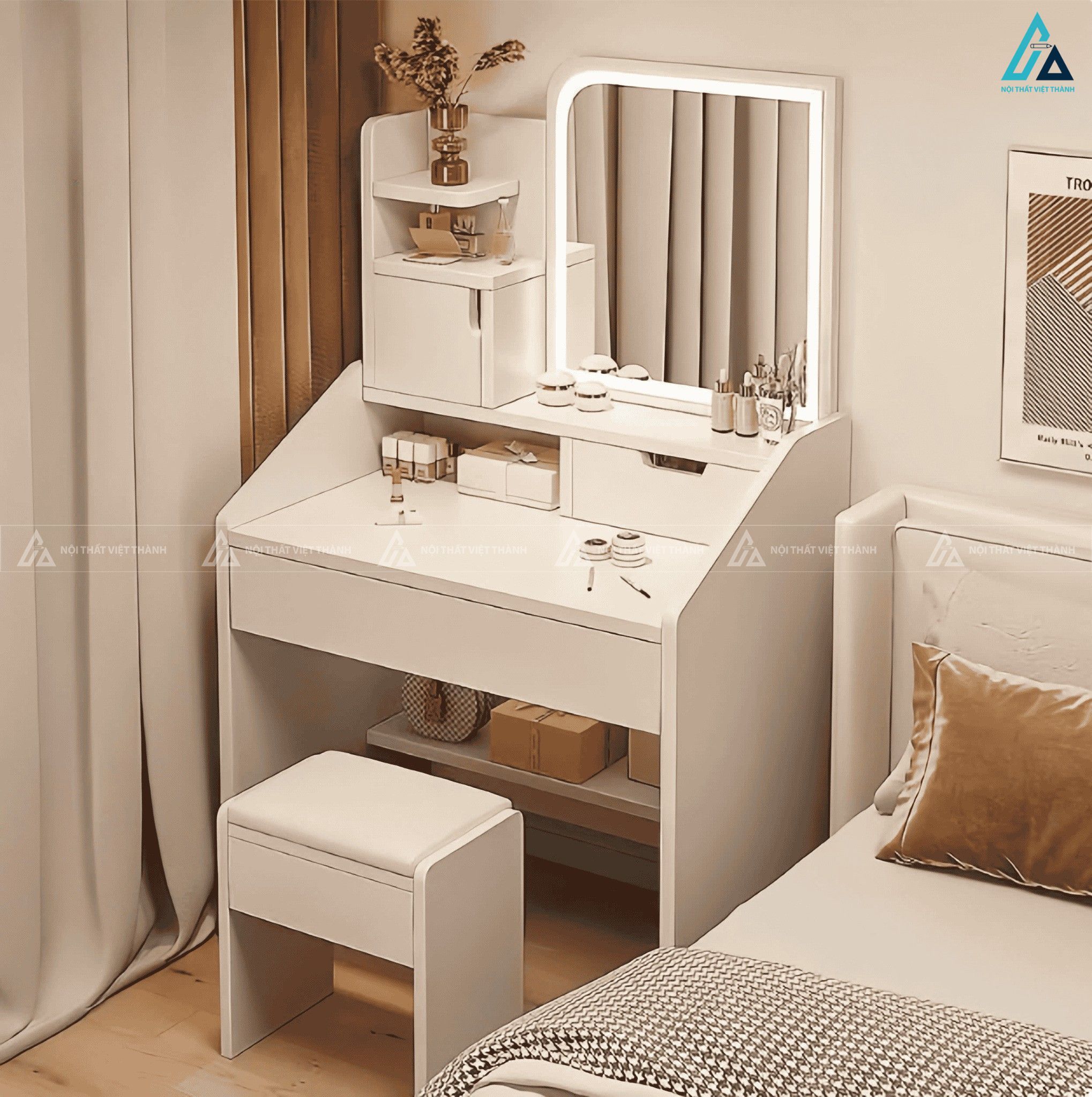 Bàn trang điểm hiện đại tích hợp kệ để đồ và gương đèn led thông minh