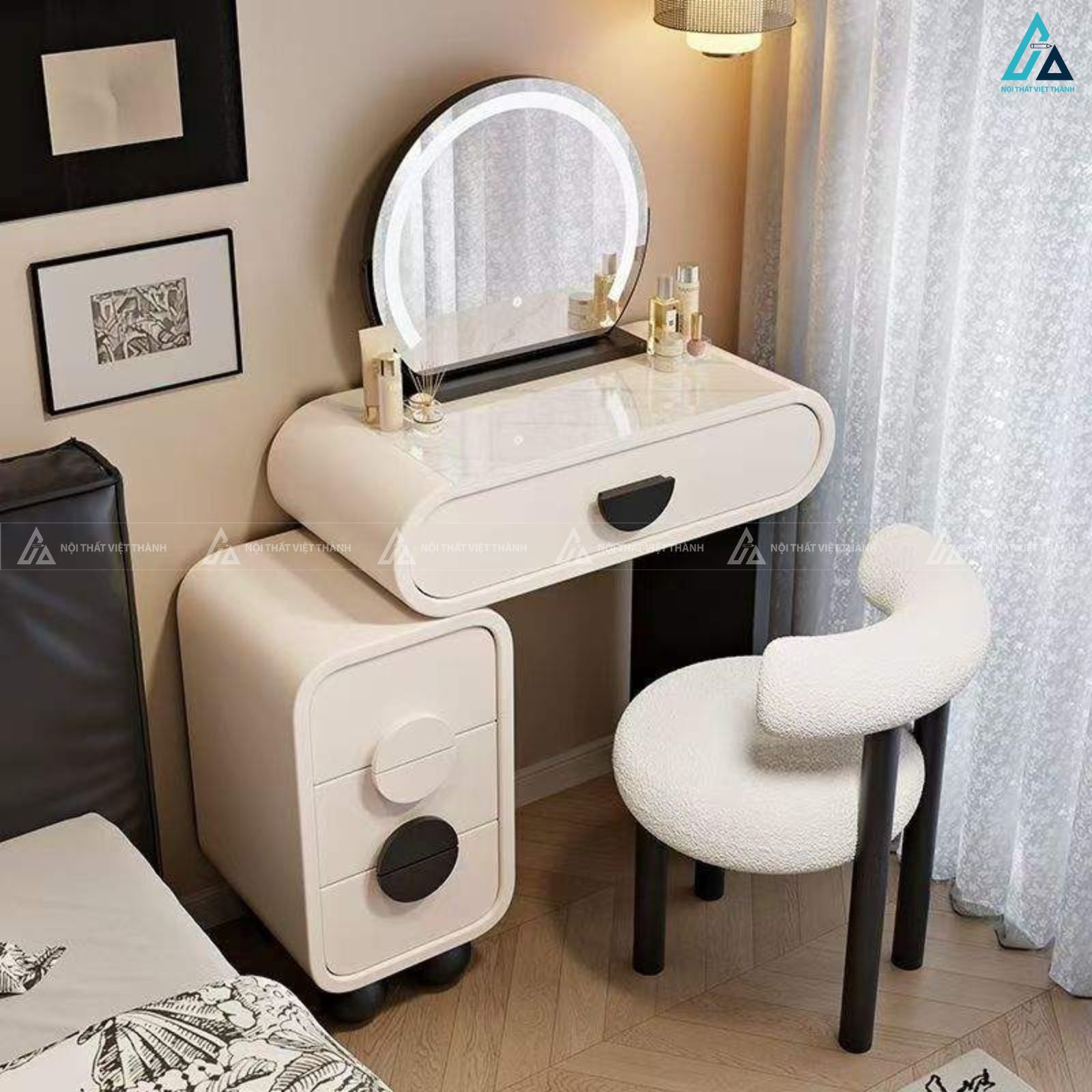 Bàn trang điểm hiện đại thiết kế bo tròn độc đáo kèm gương led 3